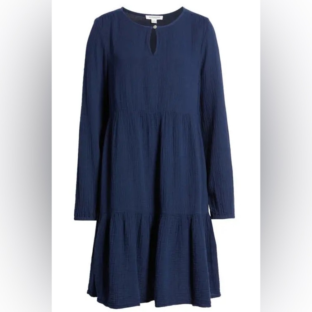 Beachlunchlounge Midnight Blue tiered gauze long sleeve mini dress, XL